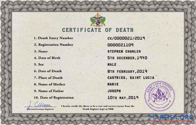 Realistic Saint Lucia vital record death certificate PSD template